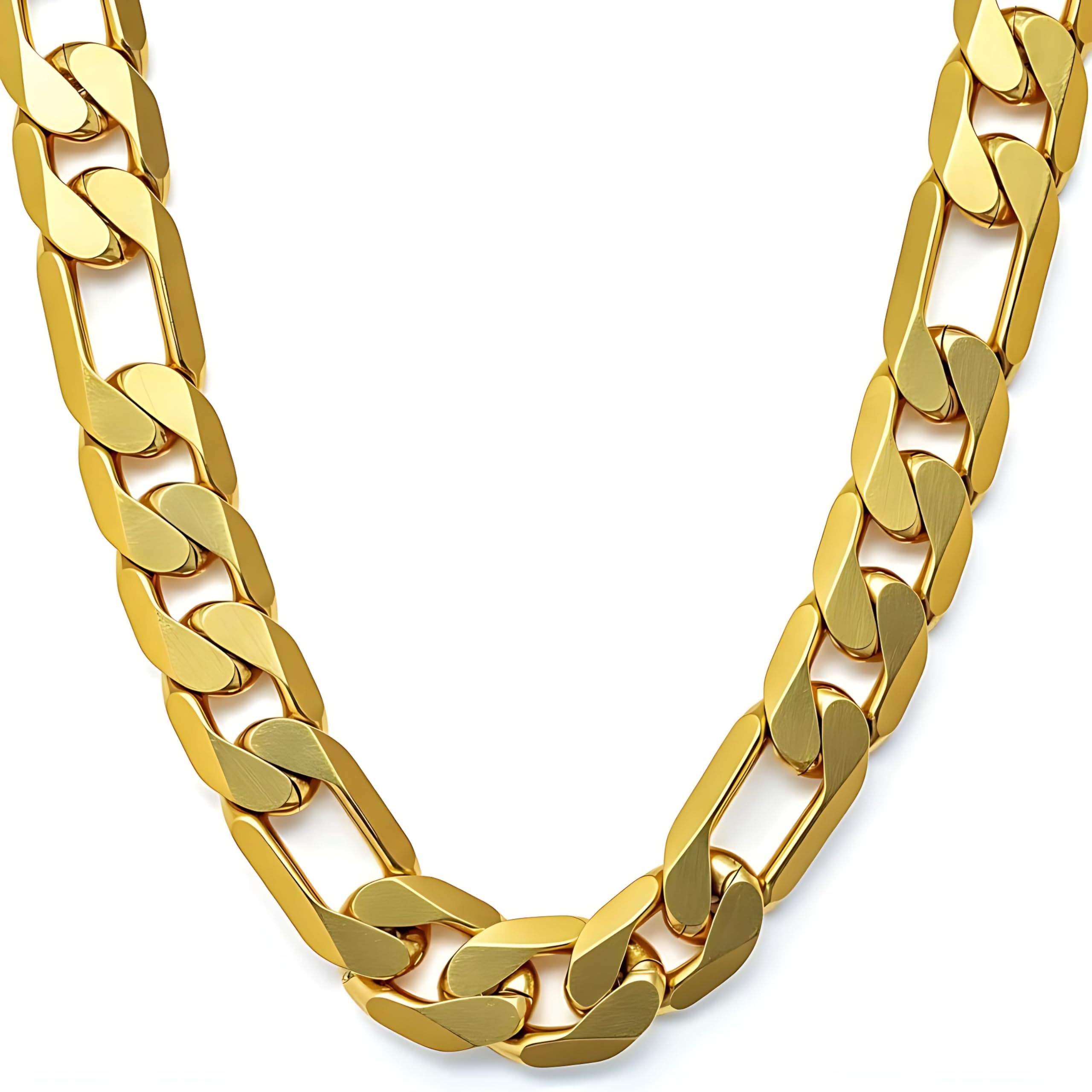 Joias vitalícias Colar de corrente Figaro com corte de diamante de 11 mm, banhado a ouro real 24 k, 20 polegadas: compre online