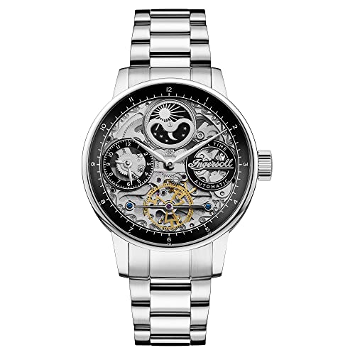 Ingersoll The Jazz Relógio automático masculino de fase da lua de 42 mm com mostrador esqueleto e pulseira de aço inoxidável