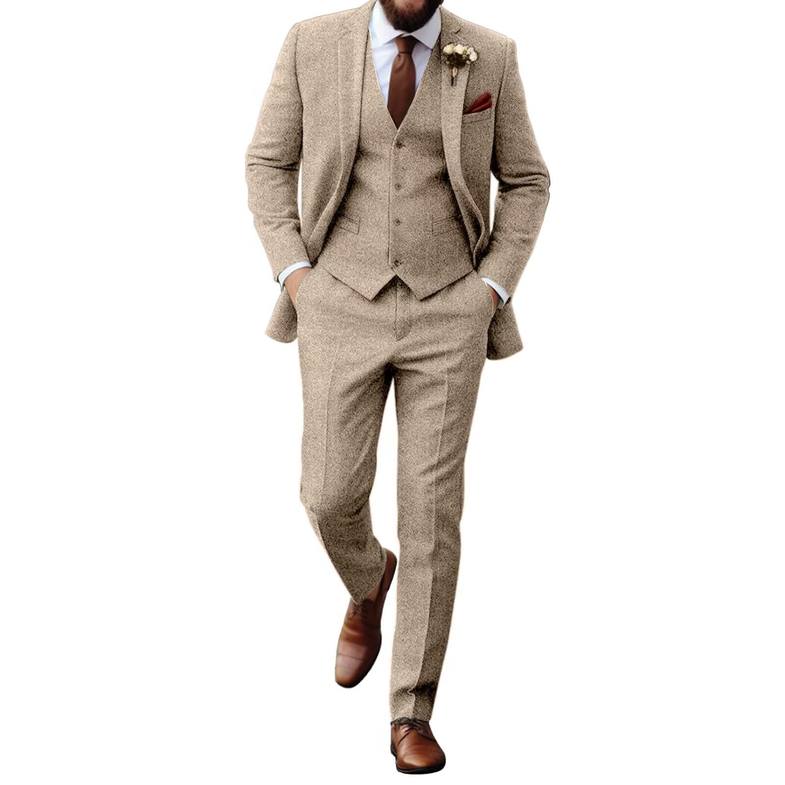 Aowdoy Retro Herringbone Tweed Terno para Homens Slim Fit 3 Peças Terno Masculino Vestido de Noivo Smoking Prom Sui