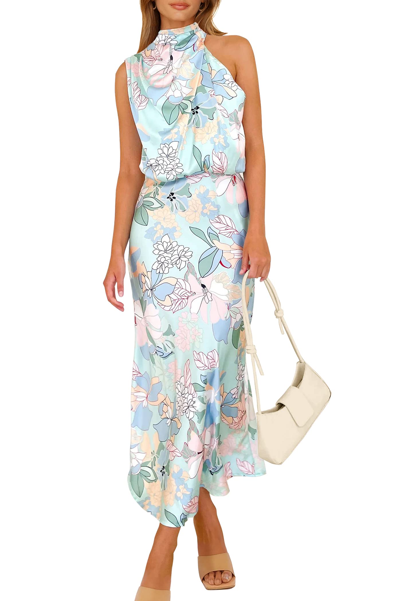 PRETTYGARDEN 2025 Vestido de cetim de verão para mulheres, elegante, sem mangas, gola simulada, vestido de coquetel