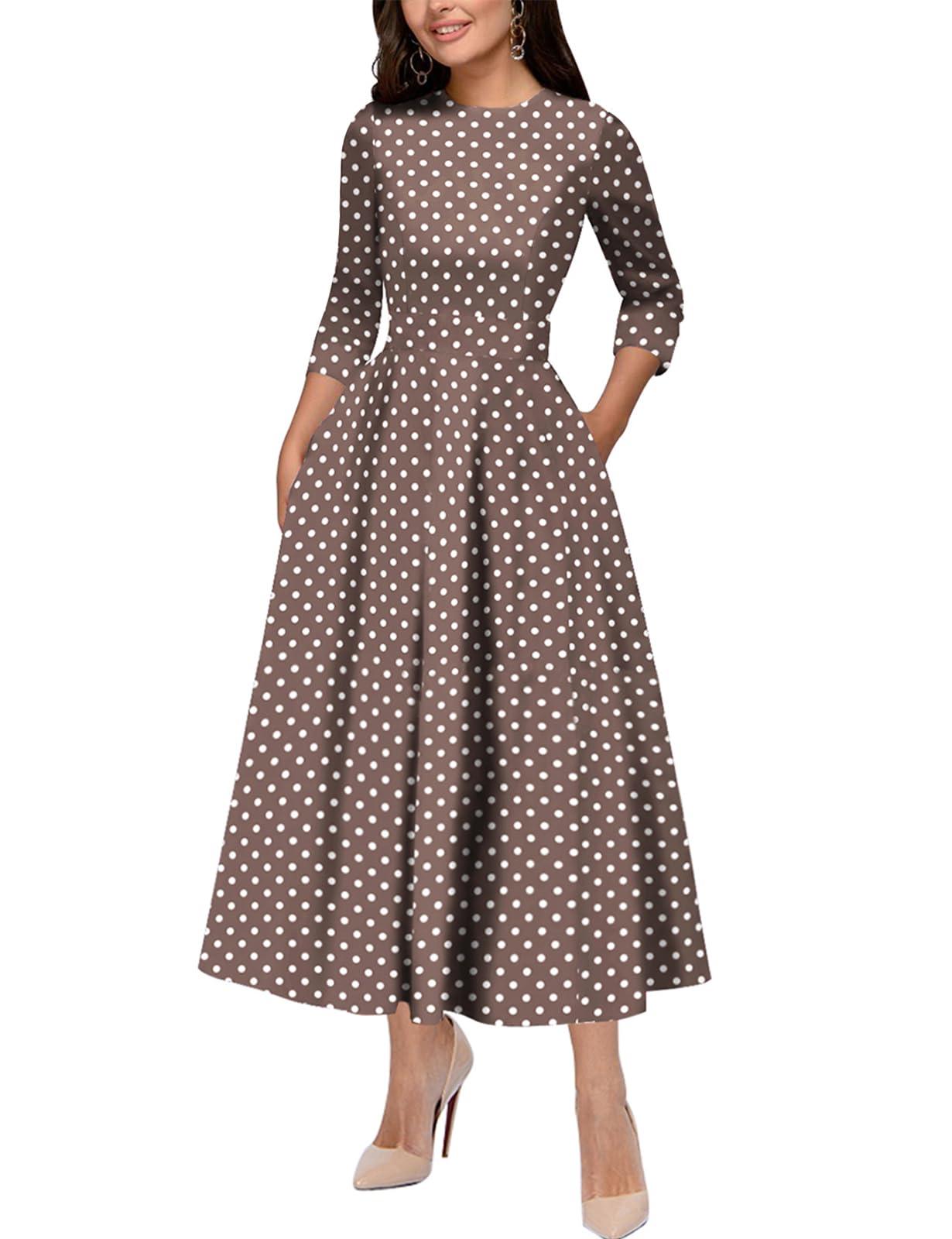 Amazon.com: Vestido feminino vintage com sabor simples, manga 3/4, decote redondo, vestido de coquetel para festa (3323BR,S): C