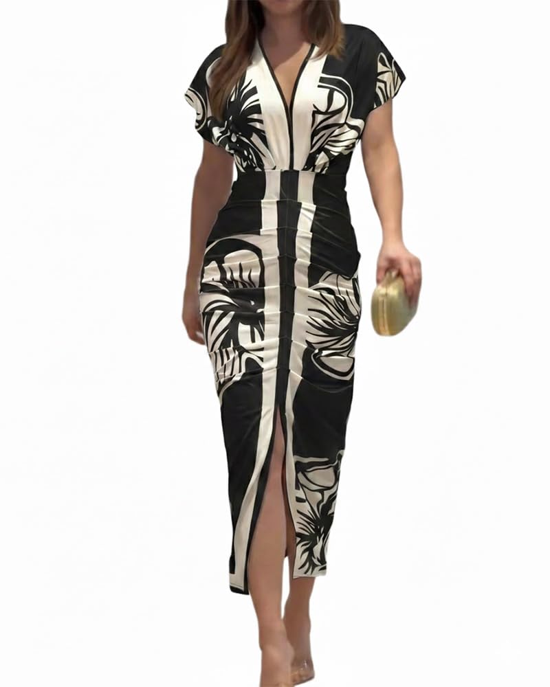 CHICME Vestido feminino de verão com estampa floral, decote em V, casual, fenda franzida, vestido midi