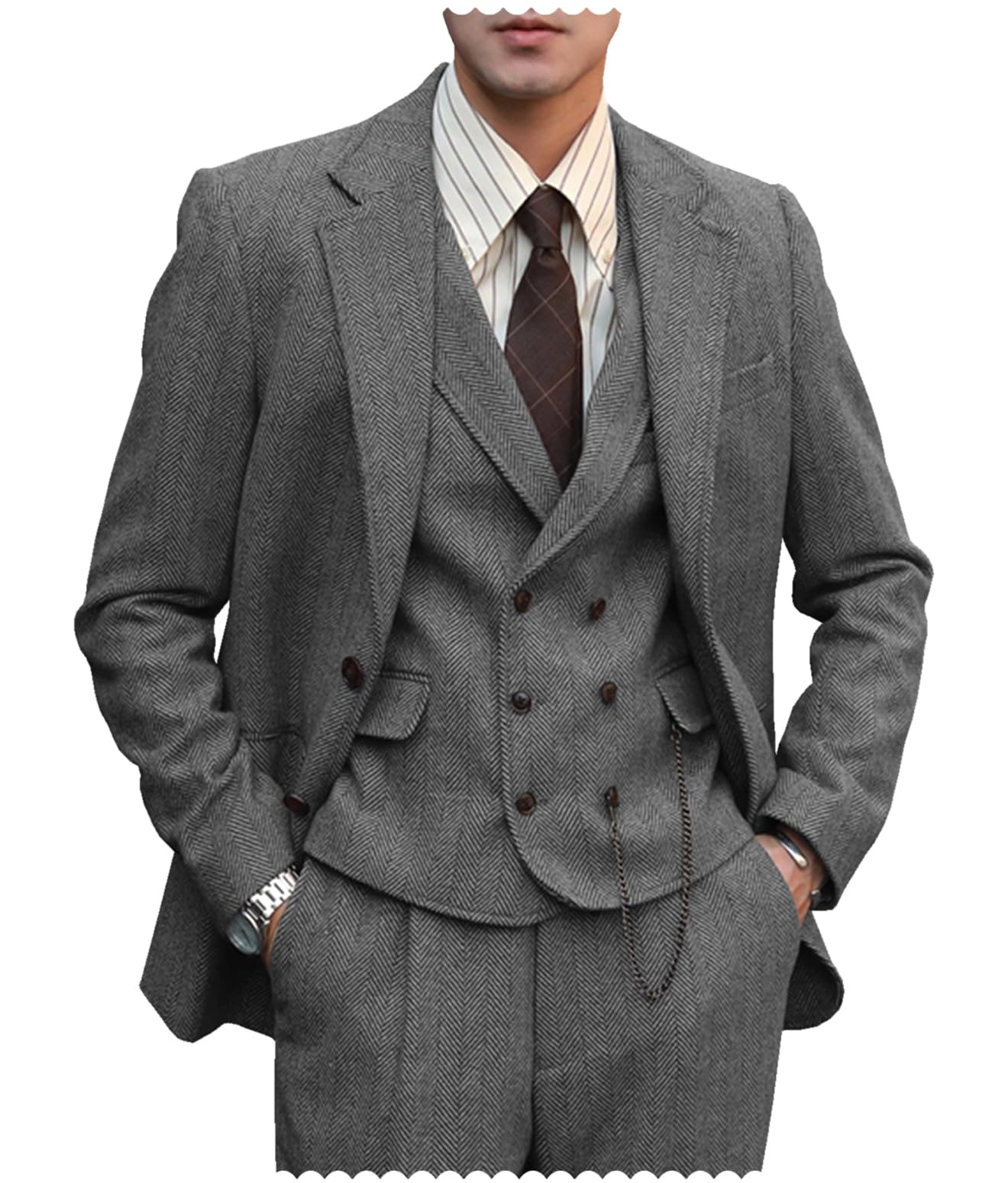 Tuikayoo Terno formal masculino de 3 peças de lã tweed slim fit terno de casamento smoking padrinhos de baile (cinza, L): Compre em